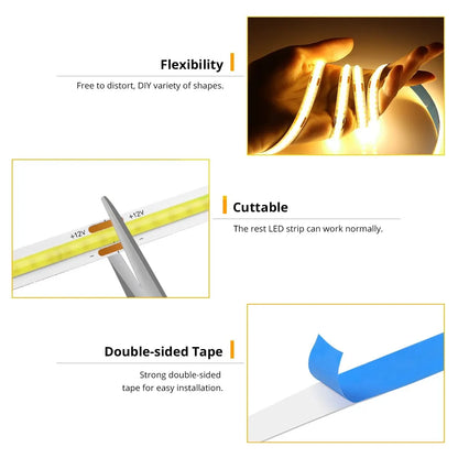 FOB COB LED Strip Lights High Density Flexible Diode Tape Light 3000K 6000K Linear Dimmable 12V Home Decoration