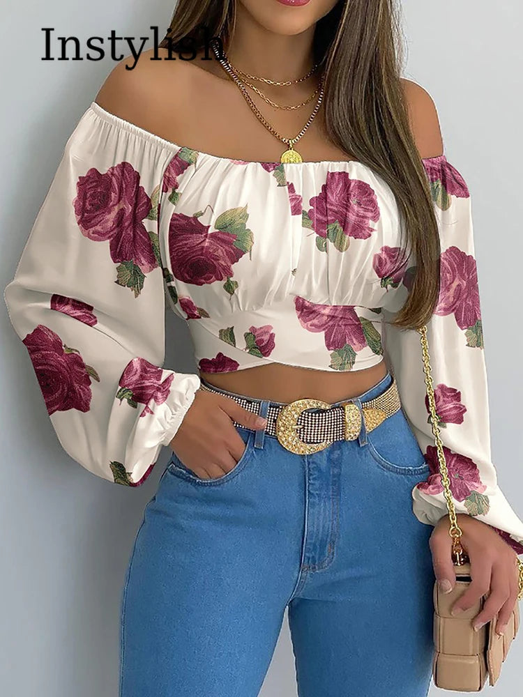 Women Sexy Off Shoulder Printing Blouses Chic and Elegant Lantern Long Sleeve Lace Up Bow Cropped Tops Casual Slim Shirts