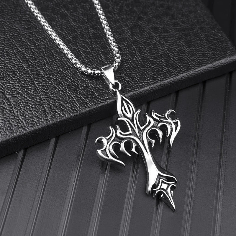 Classic Steel Warrior Men's Cross Amulet Necklace Fashion Flame Christian Simple Trend Men's Women's Pendant Lucky Gift