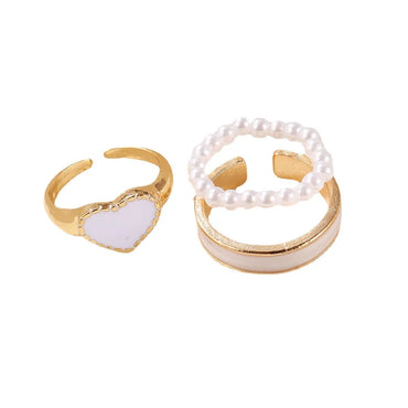 3Pcs/set Enamel Heart Rings Korean Fashion Pearl Ring For Women Geometric Irregular Chain Shape Opening Ring Set Knuckle Jewelry