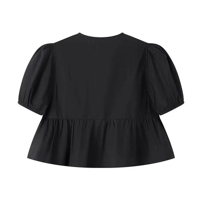 TRAF White Crop Top Women Black Ruffle Short Puff Sleeve Blouse Female Bow Tied Summer Blouses Woman Ruched Cute Tops