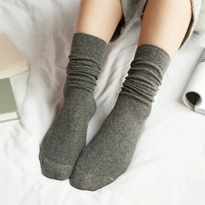 Japanese Korean High School Girls High Socks Loose Solid Colors Double Needles Knitting Cotton Long Socks For Women