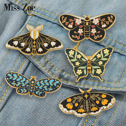 Butterflys Moth Hard Enamel Pins Custom Lily of the Valley Vine Brooches Lapel Badge Black Insect Plant Jewelry Gift for Friends