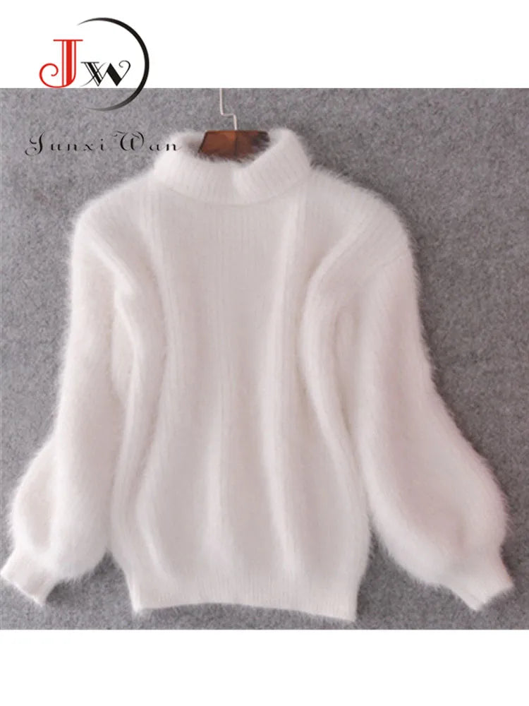 Mohair blanc épaissir pull à col roulé automne hiver doux mode lanterne manches décontracté couleur unie pull pull femme