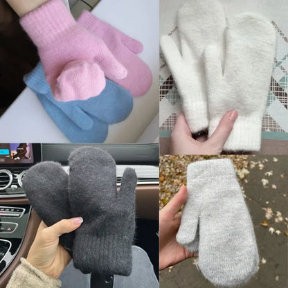 Double-layer rabbit hair gloves female winter Korean version of solid color all fingers winter women gloves girls mittens