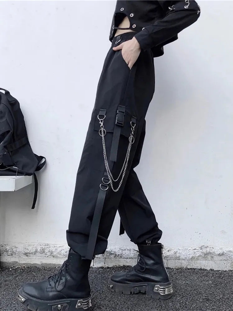 Pantalon Cargo sarouel pour femmes, mode Punk, poches, survêtement avec chaîne, Harajuku, élastique, taille haute, Streetwear