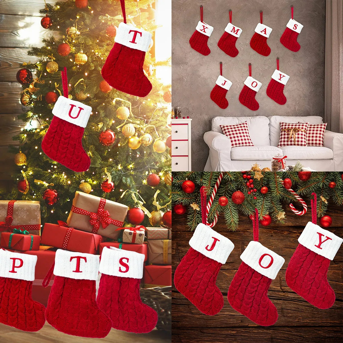 Chaussettes de noël en tricot, flocon de neige, bas de lettres, décoration de noël pour la maison, ornement d'arbre de noël, cadeau de noël