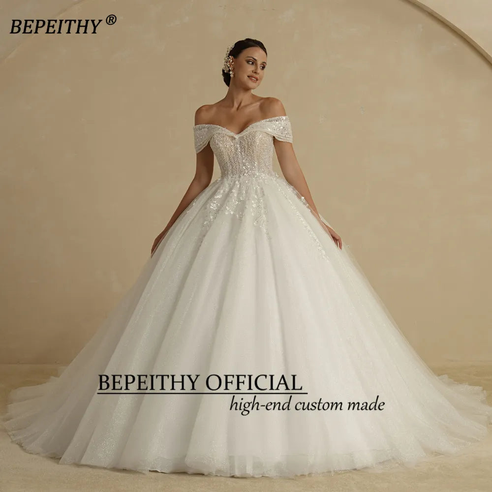 BEPEITHY Ivory Beading Princess Wedding Dresses For Bride Off The Shoulder Sleeveless Women Glitter Ball Bridal Gown Robes