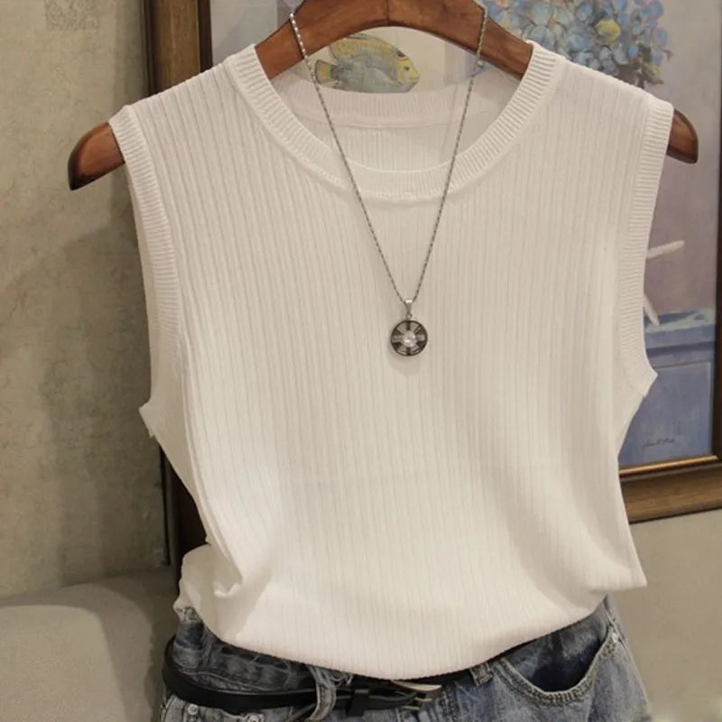 Knitted Vests Women Top O-neck Solid Tank Blusas Mujer De Moda Spring Summer New Fashion Female Sleeveless Casual Thin Tops