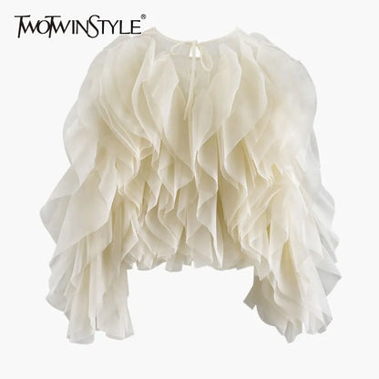 TWOTWINSTYLE Ruffles Shirts For Women O Neck Lantern Sleeve Loose Pullover Summer Blouse Female Fashion Style Clothing New