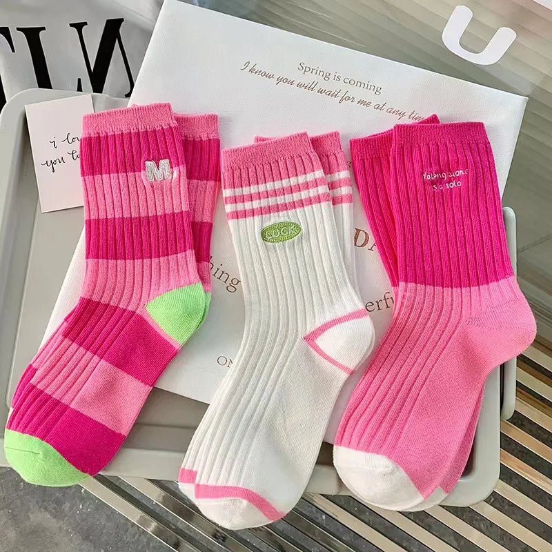 Cotton Women's Long Socks Medium Tube Korean White Breathable Leisure Girls Embroidery Male Sock Spring Summer Stripe Woman Cute