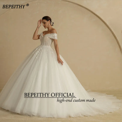 BEPEITHY Ivory Beading Princess Wedding Dresses For Bride Off The Shoulder Sleeveless Women Glitter Ball Bridal Gown Robes