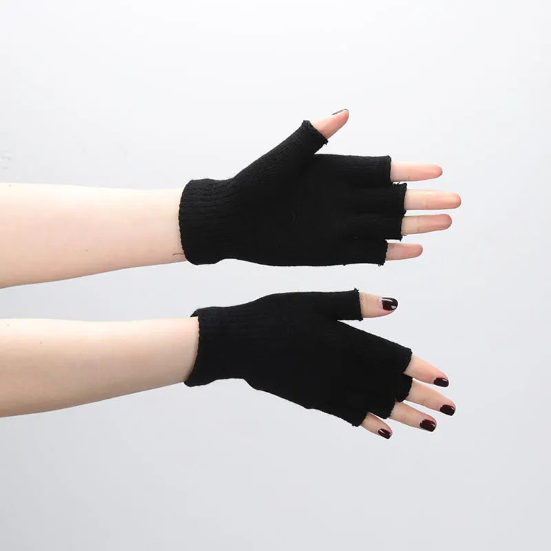 1 paire de gants de poignet tricotés noirs, courts, demi-doigts, sans doigts, chauds, extensibles, pour le travail, pour femmes et hommes, accessoires de cyclisme, hiver