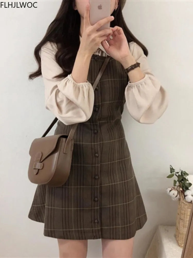 Cute Mini New Year Date Dresses Sleeveless Vest Women Korea Japanese Style Design Retro Vintage Plaid Button Shirt Dress