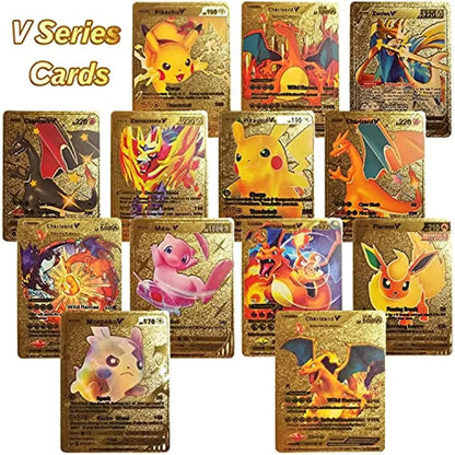 Pokemon 55 PCS Gold Cards Packs Vmax DX GX Rare Golden Cards, TCG Deck Box Gold Foil Card Assorted Cards for Kids Birthday Party