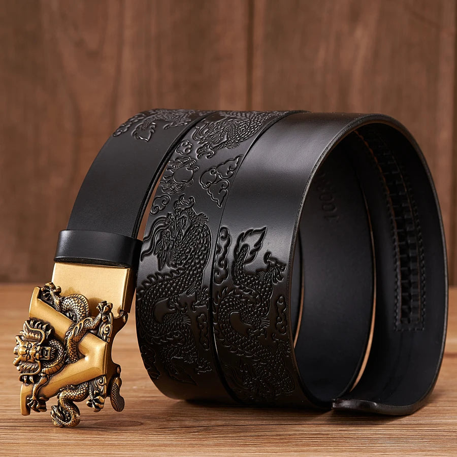 Nouveau mâle chine Dragon ceinture peau de vache en cuir véritable ceinture pour hommes sculpture Dragon motif boucle automatique ceinture sangle pour jean