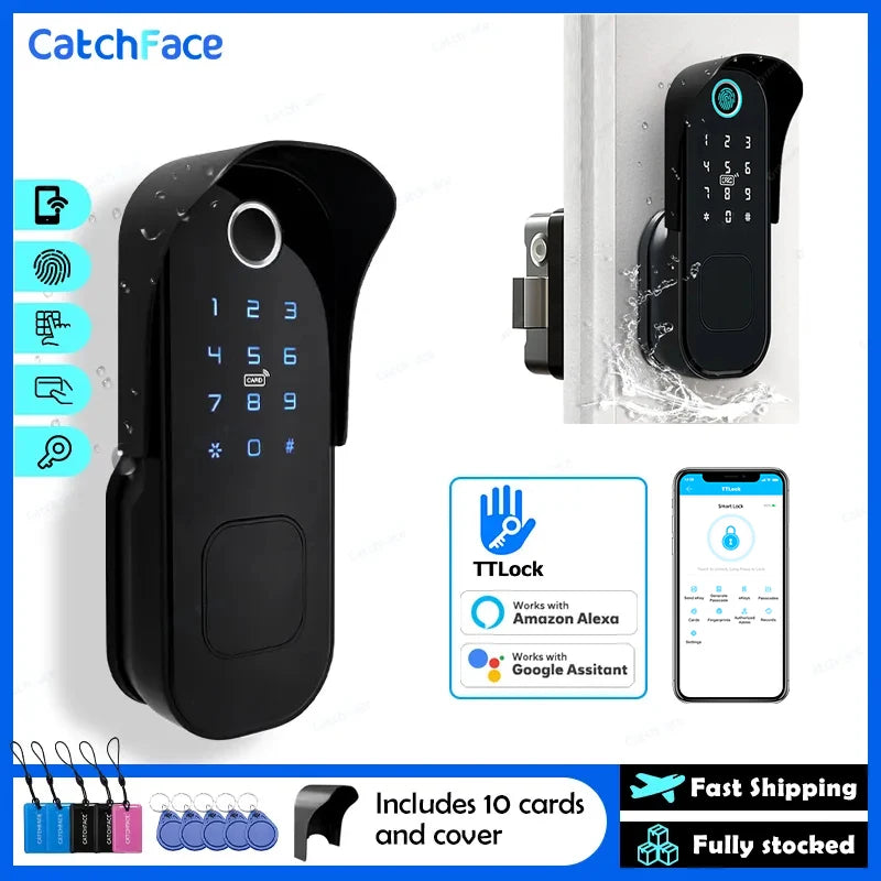 Fingerprint Waterproof Outdoor Garden Lock Remote Control TTLock App Code Keyless Smart Door Lock Electric Rim Lock and Gateway