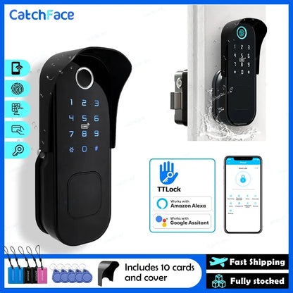 Fingerprint Waterproof Outdoor Garden Lock Remote Control TTLock App Code Keyless Smart Door Lock Electric Rim Lock and Gateway