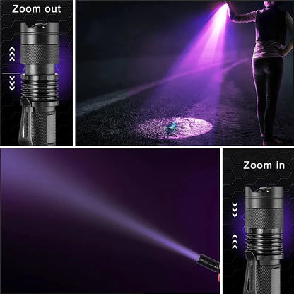 Lampe de poche UV LED 365/395nm, Mini torche ultraviolette Portable, étanche, Zoomable, lumière violette, détecteur d'urine d'animaux domestiques, lampe UV