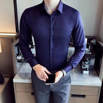 Plus Size 5XL-S Spring New Solid Business Formal Wear Long Sleeve Shirts For Men Clothing Slim Fit Casual Prom Tuxedo Dress