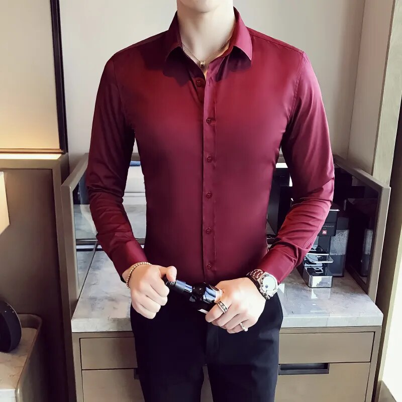 Plus Size 5XL-S Spring New Solid Business Formal Wear Long Sleeve Shirts For Men Clothing Slim Fit Casual Prom Tuxedo Dress