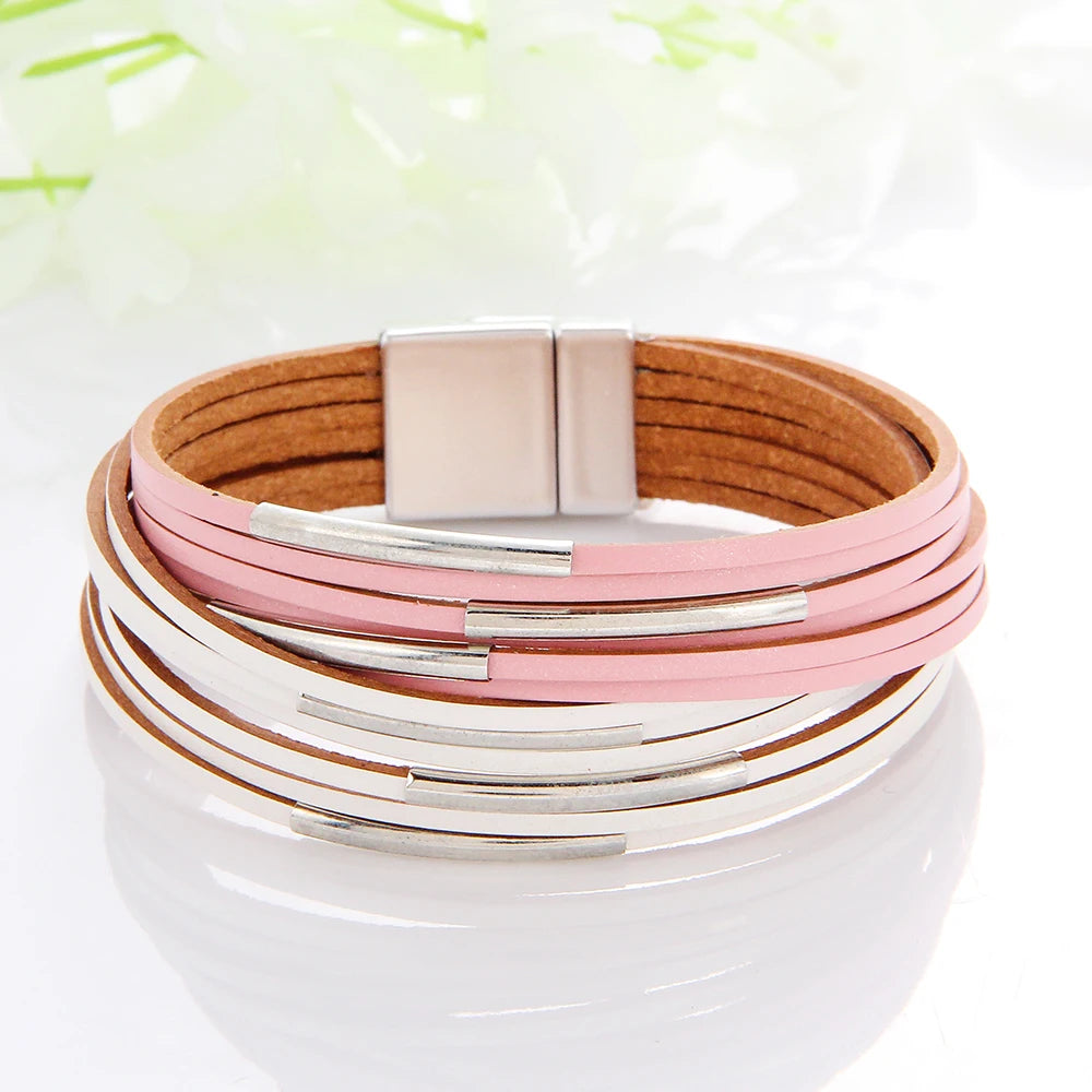 Multilayer Leather Women's Bracelet Metal Copper Tube Leather Wound Magnet Buckle Bracelet Exquisite Color Matching Jewelry