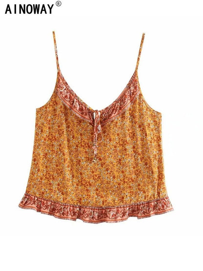 Boho Kvinnor Blommönster Ärmlösa Crop Toppar Bohemian Beach Vest Kort Rayon Bomull Camis Volanger Gothic Top for Beachwear