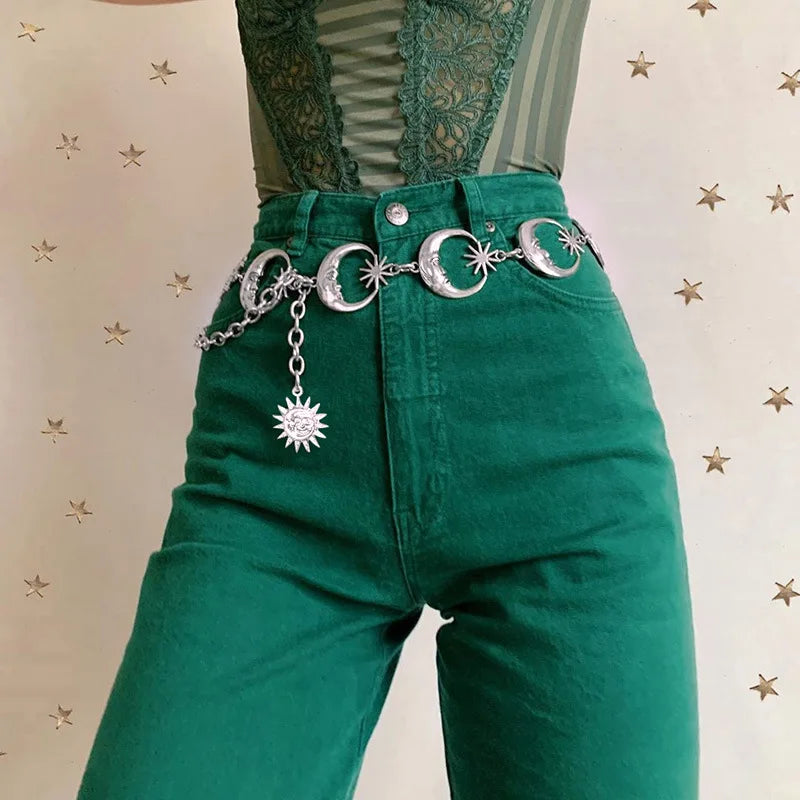 Punk Moon Metal Belts Women Vintage High Waist Chain Waist Belts Gothic Moon Sun Sliver Pendant Belts Female