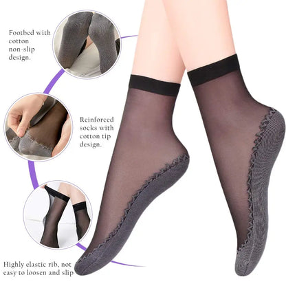 10Pairs Spring Summer Women Soft Socks Velvet Silk Socks Non-Slip Bottom Splice Transparent Ladies Ultrathin Breathable Sock