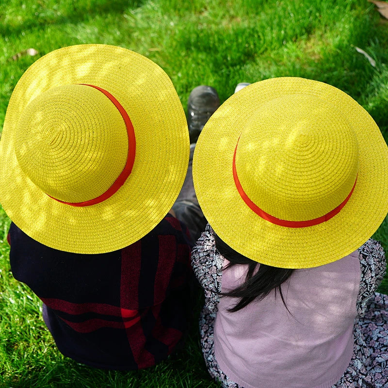 Casquette une pièce pour garçon et fille, chapeau de paille, ficelle de cou, chapeaux plats Luffy, Cosplay, accessoires de dessin animé japonais, chapeau de plage à rayures rouges pour enfant