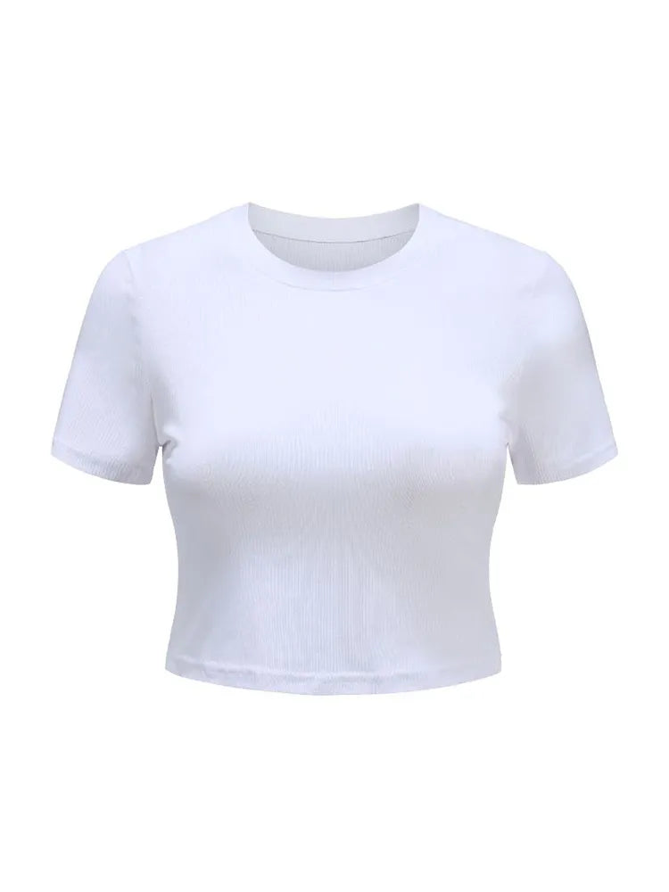 O-halsstickad Vit Crop Top Dam Sommar Casual T-shirt Basic Sexig Streetwear Ribber Svarta Kortärmade Toppar