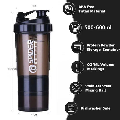 1pc Portable Protein Shaker Cup with Powder Storage Container 500ml Mixer Cup Gym Sport Water Bottles with Wire Whisk Ball