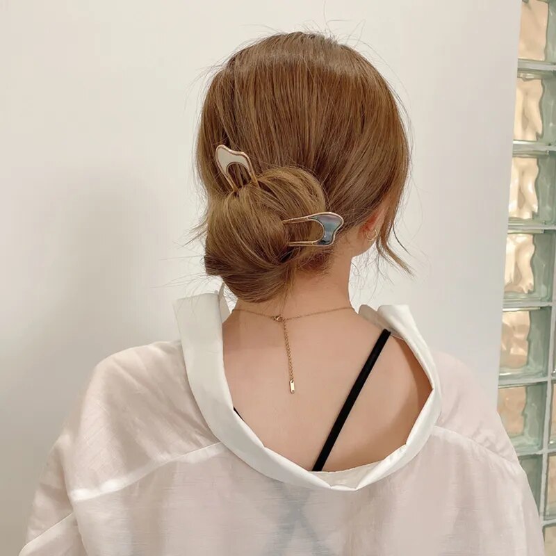 Fashion Luxury Silver Gold Color Elegant Shell Enamel Hairpin for Women Metal U Shape Hair Stick Hairwear Accessories Jewelry