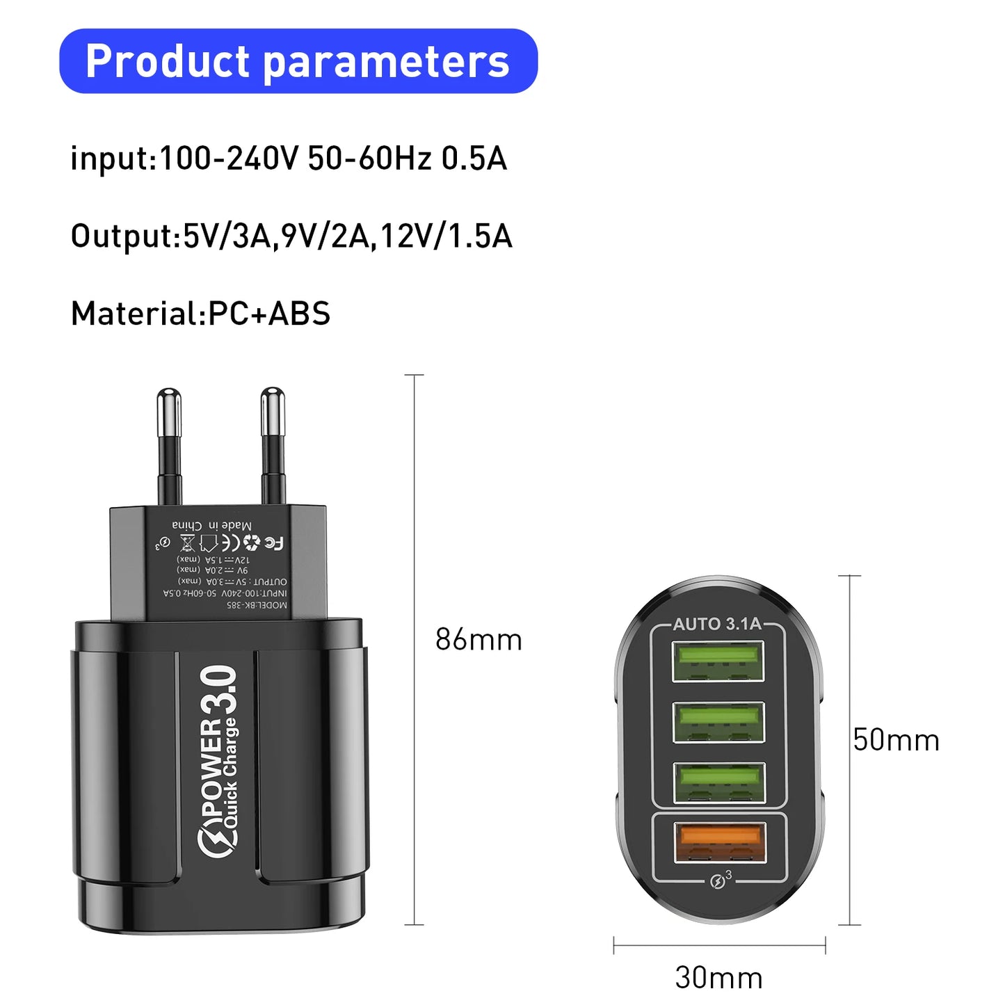 USLION 4 Ports USB Charger Quick Charge 3.0 48W Phone Adapter For iPhone Xiaomi EU/KR/AU Plug Portable Wall Mobile Fast Charger