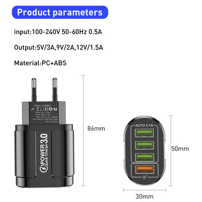 USLION 4 Ports USB Charger Quick Charge 3.0 48W Phone Adapter For iPhone Xiaomi EU/KR/AU Plug Portable Wall Mobile Fast Charger