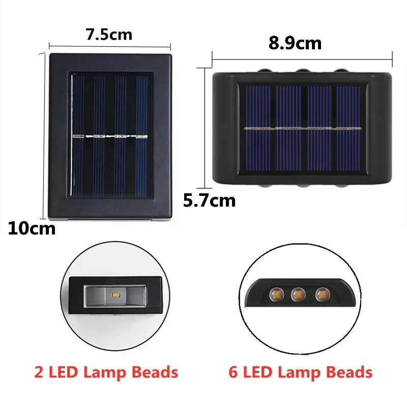 6 LED Solar Lights Outdoor Waterproof Up and Down Luminous Lighting Wall Lamp Garden Decor Stairs Fence Balcony Sunlight Lamps