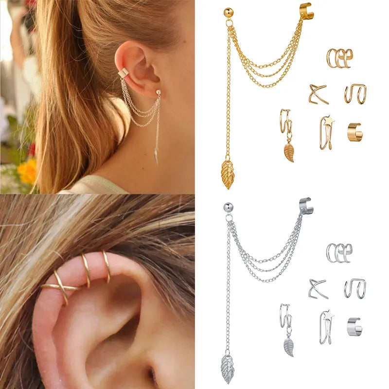 Gold Color Leaves Ear Cuff Black Non-Piercing Ear Clip Earrings for Women Men Fake Cartilage Earring Cuff Jewelry