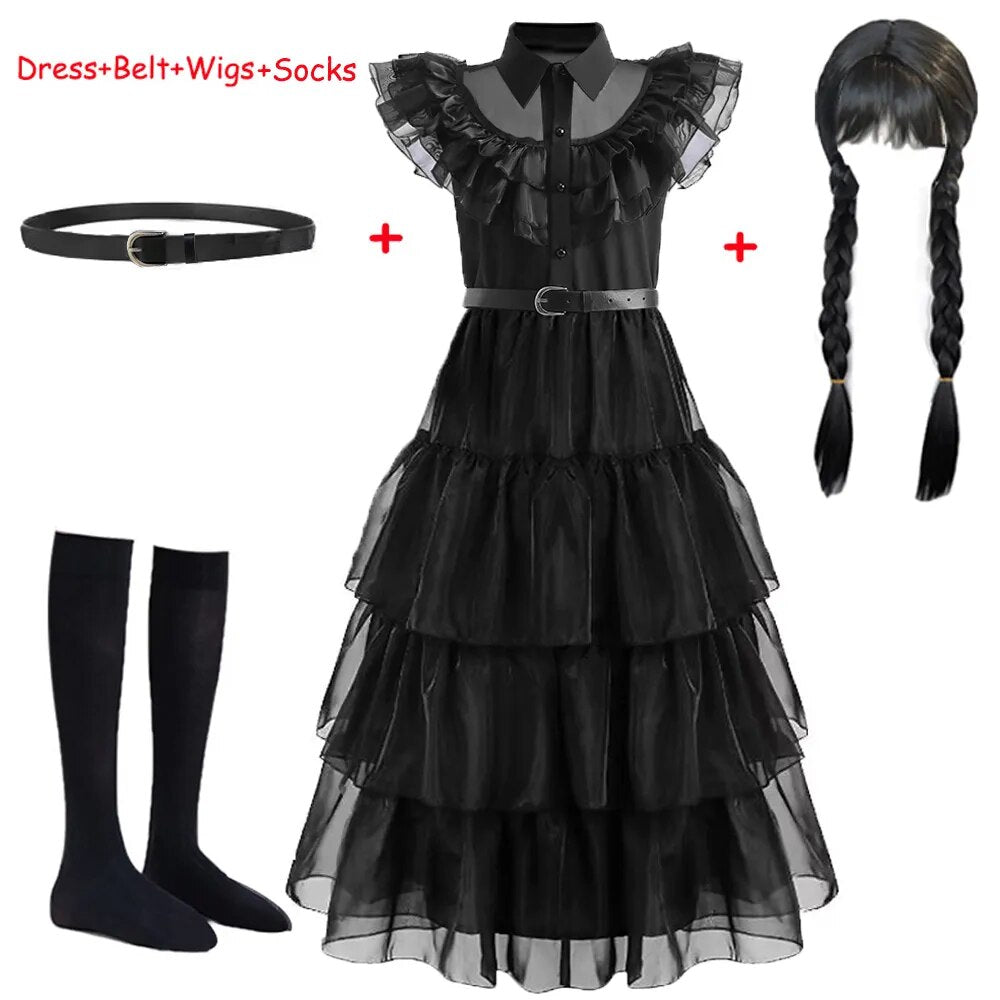 Baby Dress For Girls Balck Wednesday Costume Teenage Girl Birthday Cosplay Carnival Kids Princess Dresses+Belt Sets 5 7 12 14Yrs