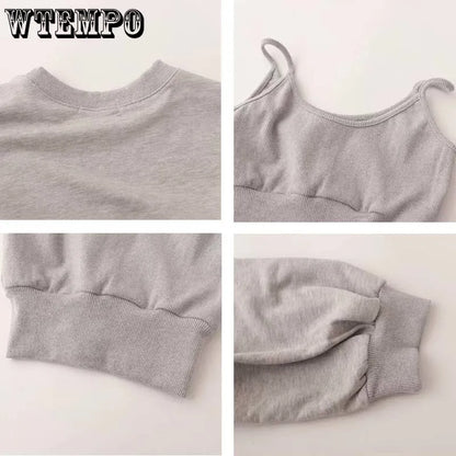 Sweat-shirt court et fin pour femmes, manches longues, col rond, haut décontracté, chemisier quotidien décontracté, deux pièces, Style Simple