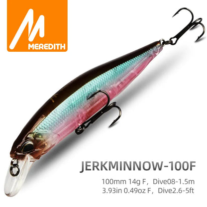 MEREDITH JERK MINNOW 100F 14g Flytande Wobbler Fiskedrag 24Color Minnow Lure Hårt bete Kvalitet Professionellt djup0,8-1,0m