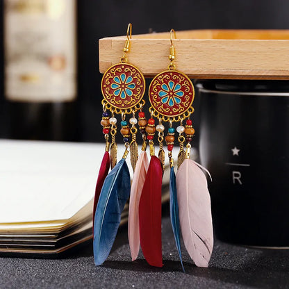 Boho Long Feather Dangle Women's Earrings Beach Long Tassel Beads Handmade Flower Enamel Earrings Bride Wedding Pendientes Mujer