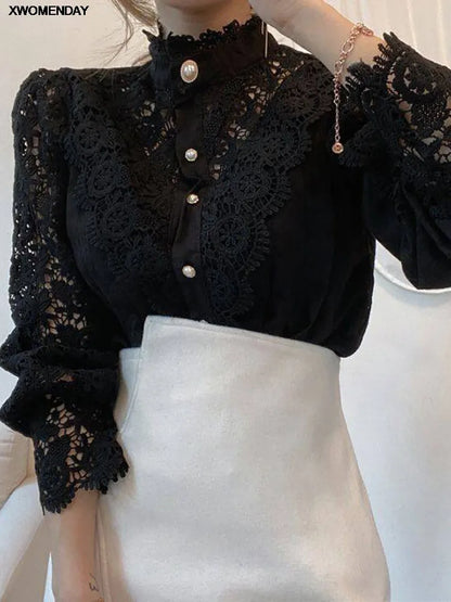 Women Chiffon Button Turtleneck Shirt Chic Elegant Floral Lace Fluffy Long Sleeve Top Fashion Hollow Oversize White Blouse