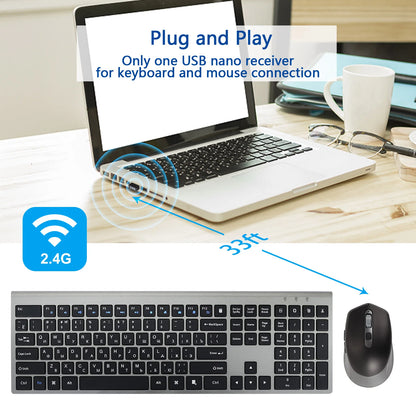 Uppladdningsbart trådlöst tangentbord och mus, rysk version, 2.4G Slim Silent Computer Mouse Keyboard Kit, för bärbar PC Mac TV