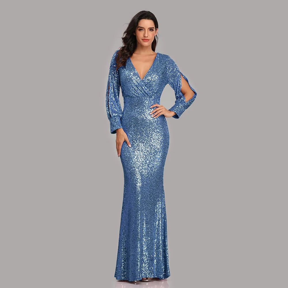 V-neck Mermaid Evening Dress Long Formal Prom Party Gown Full Sequins long Sleeve Galadress Vestidos Women Dresses