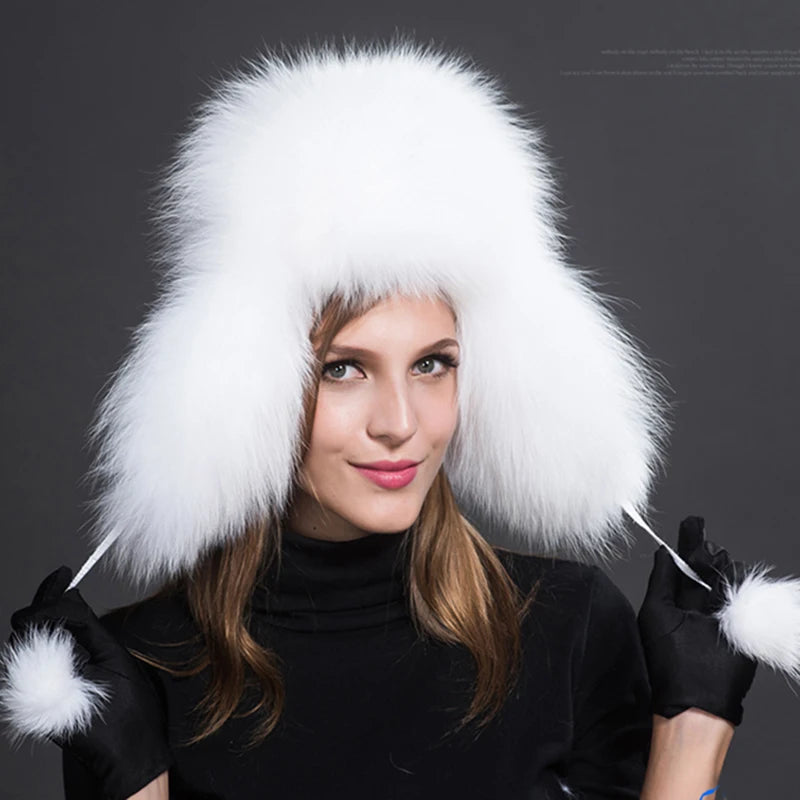 100% Real Fox Fur Hats Women's Russian Ushanka Aviator Trapper Snow Skiing Hat Caps Earflap Winter Raccoon Fur Bomber Hat