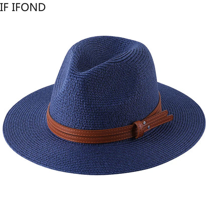 56-58-59-60CM Ny naturlig Panama Mjukformad stråhatt Sommar Dam/Män Bred brättad Strandsolkeps UV-skydd Fedora-hatt