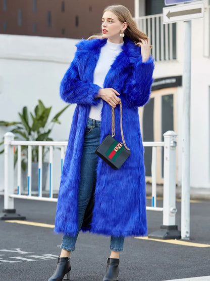 High Street Luxury Long Faux Fur Coat Women Vintage Slim Red Pink Faux fur Coats Fluffy Jacket Women Pele