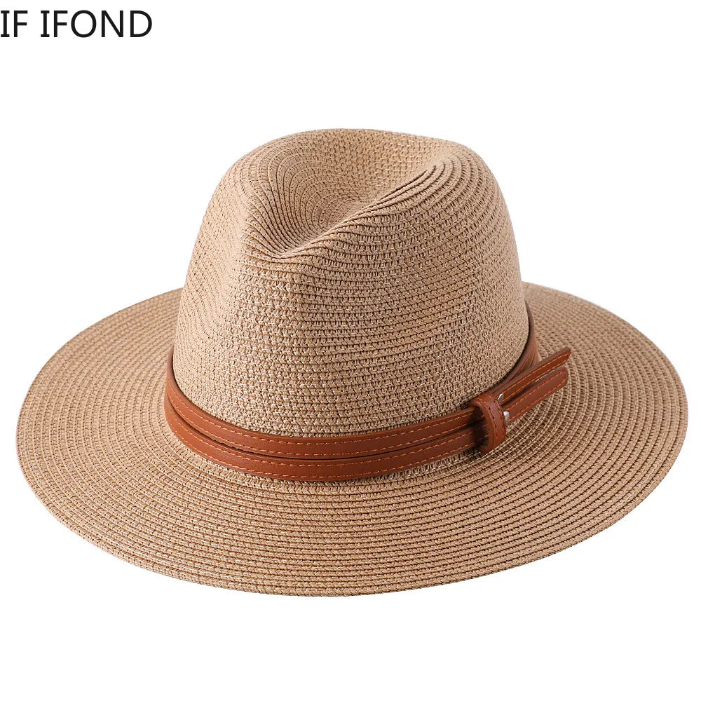 56-58-59-60CM Ny naturlig Panama Mjukformad stråhatt Sommar Dam/Män Bred brättad Strandsolkeps UV-skydd Fedora-hatt