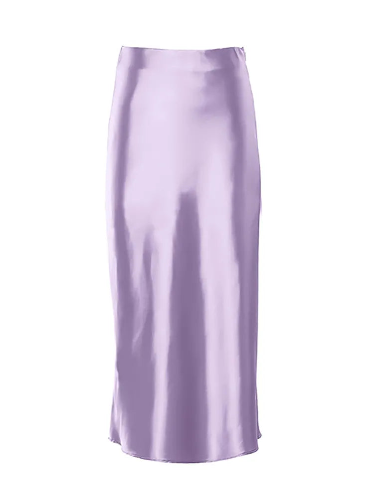 Solid Purple Satin Silk Skirt Women High Waisted Summer Long Skirt Elegant Ladies Office Skirts Midi Spring