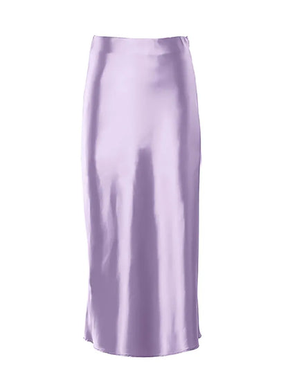 Jupe en Satin de soie violet uni pour femmes, taille haute, longue, élégante, pour le bureau, Midi, printemps, été